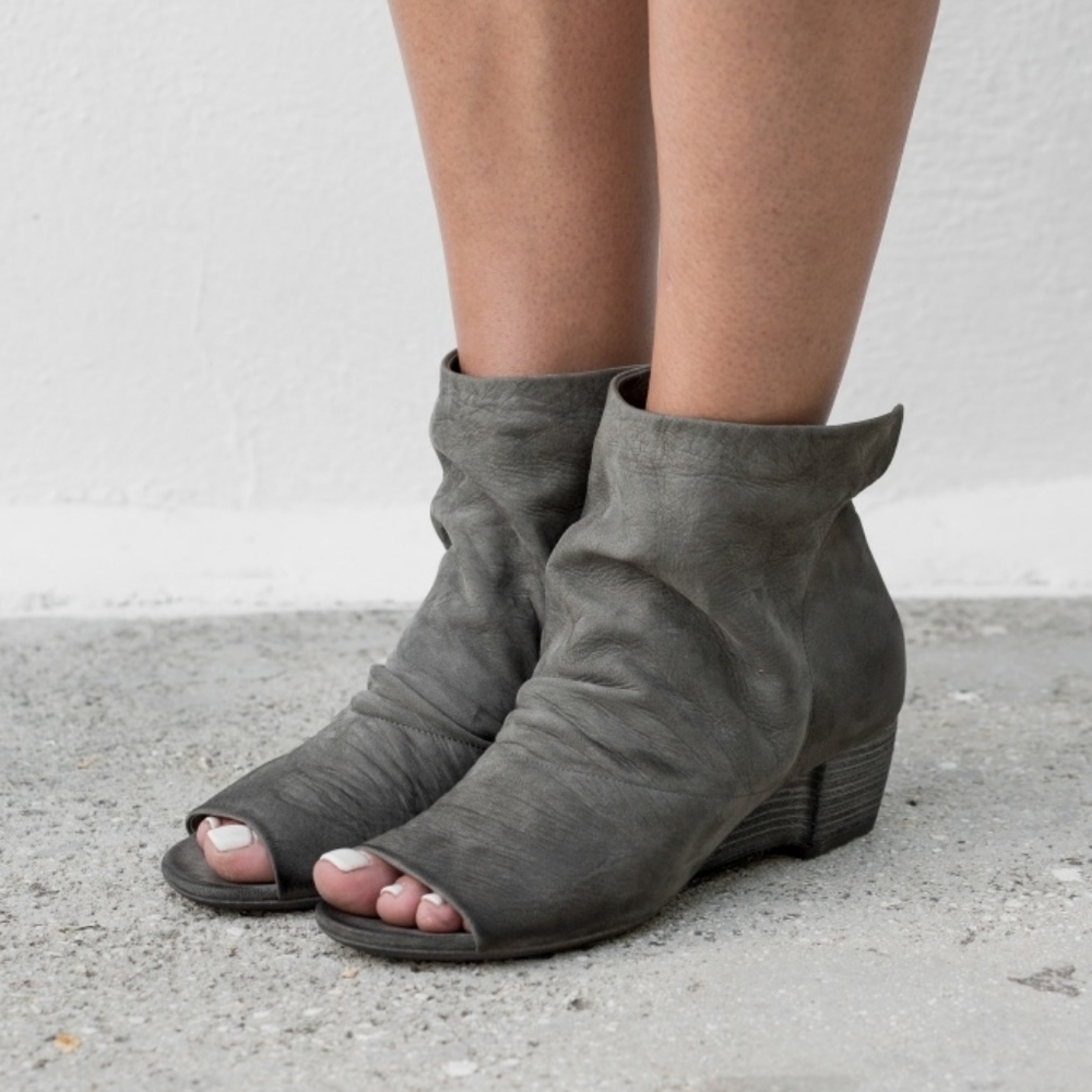 MARSELL DISTRESSED GREY DEER HIDE PEEP TOE BOOTIES